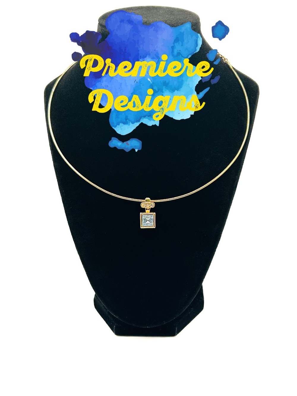 Premier Designs Gold Choker with Square Light Blue Pendant